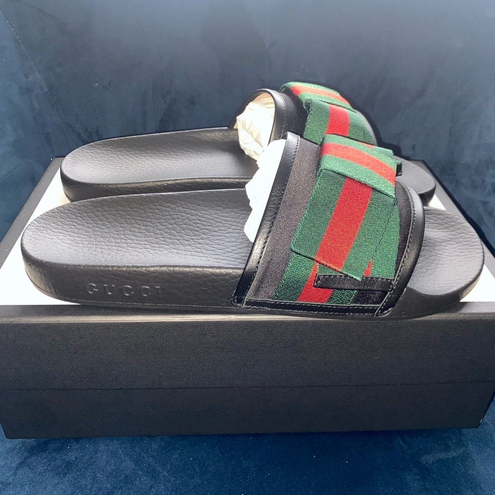 ❌SOLD❌GUCCI WEB BOW RED & GREEN SATIN/RUBBER SANDALS SLIDES SZ 11 US 41 W/BOX - Picture 6 of 10